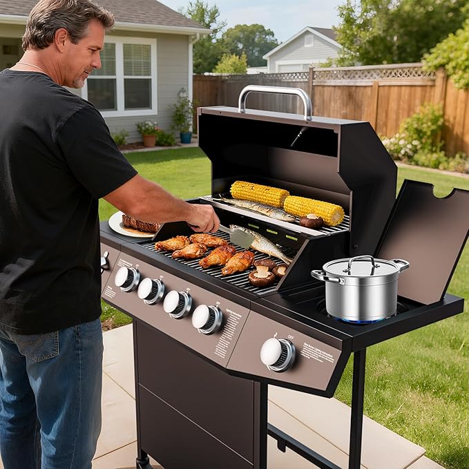 4-Burner Propane Gas Grill with Side Burner, 50,000 BTU Outdoor Gas BBQ Grill with Stainless Steel Grate, Easy-Clean Grease, Outdoor Cooking for Patio, Camping, Backyard