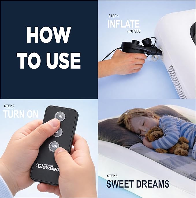 The Shrunks Inflatable Travel Bed with LED & Remote – Portable Kids Air Mattress for Travel, Camping & Sleepovers – Blow Up Bed with Glowing Halo Designed for Balance – Toddler Size