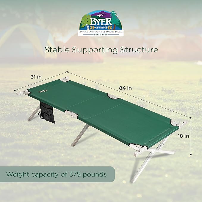 BYER OF MAINE Military Cot, Folding cot, Reinforced Aluminum/Steel Frame, Extra Large Size, Holds 375lbs
