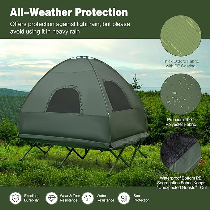 Goplus Camping Tent Cot, 5-in-1 Folding Camping Bed with Awning, Air Mattress, Sleeping Bag, Bedspread, Off Ground Elevated 1-2 Person Cot Tent with Carrying Bag, Air Pump for Camping Picnic Outdoor