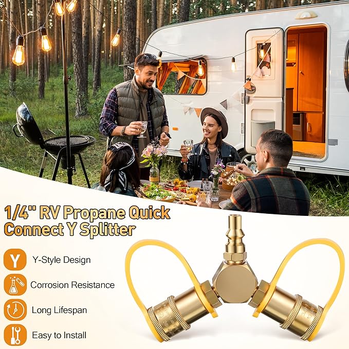 2 Pack 12FT RV Propane Quick Connect Hose Kit with 1/4'' Y Splitter Adapter, Compatible with Gas Grill, Heater, Stove, Dual Appliance Use for Camping, Trailer, Outdoor Cooking