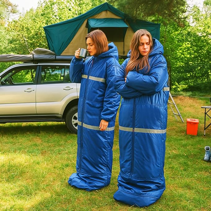 Macarrie Wearable Sleeping Bag with Dual Hoodie,Longsleeves,Pockets and Adjustable Drawstring，Ideal for Camping, Cold Weather Hiking, Blanket,Shelter