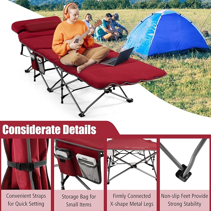 Goplus Camping Cot, Folding Camping Cot with Mattress, Pillow, Carry Bag, Storage Pocket, Camping Bed Military Cot for Home Office Nap Hiking, Heavy-Duty Portable Sleeping Cot for Adults Kids (Wine)