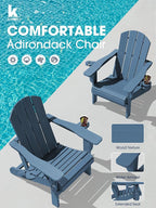 KINGYES Folding Adirondack Chair Set of 4, Dual Cup Holders & All-Weather HDPE, Wood-Like Patio Chair for Backyard, Camping, Pool & Fire Pit, Navy