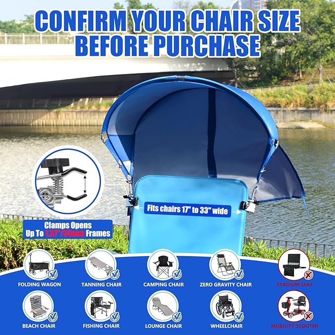 XL Universal Beach Chair Umbrella Canopy, UPF 50+ Chair Sun Shade Attachment with Adjustable Clamp for Camping, Lawn, Wheelchair, Tanning, Zero Gravity, Lounge, Fishing, Outdoor Chairs, Oversized