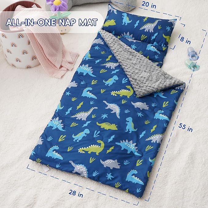 Bunnikins & Clover Toddler Nap Mat with Removable Pillow, Nap Mats for Preschool, Easy Clean Toddler Nap Pad for Kindergarten, Kids Sleeping Bag for Travel Camping