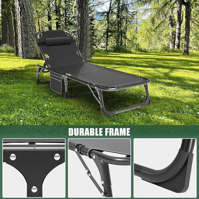 LILYPELLE Folding Outside Chaise Lounge Chair with Mattress, 5 Position Adjustable Patio Folding Lounge Chair Reclining Chairs Perfect for Sunbathing, Camping, Pool, Beach, Patio