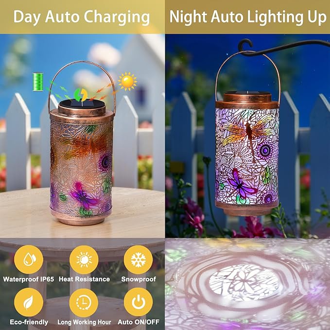 2Pack Solar Outdoor Lanterns Waterproof Multicolor Dragonfly Garden Gifts for Mom Women Backyard Lights Lanterns for Indoor,Outdoor, Outside,Mothers Day Gifts for Grandma Wife