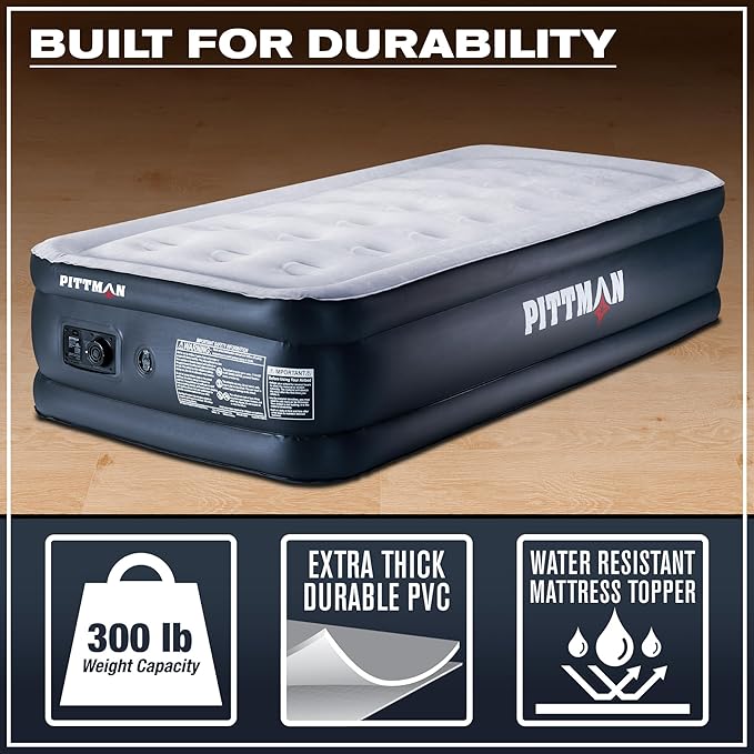 Pittman Outdoors - Black 18" Luxury Double High Twin Air Mattress with Built in Pump - Premium Comfort Twin Size Blow up Mattress - 300lb Capacity - Ideal for Home Visits, Guests, Travel or Camping