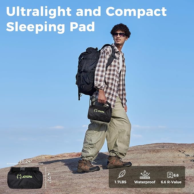 ATEPA ThermAir Pro Backpacking Inflatable Sleeping Pad, 6.6 R-Value Insulated Ultralight Portable Camping Pad Thick Camping Mat for Camping Backpacking Tent, Wide Long Size 78"x27", Black