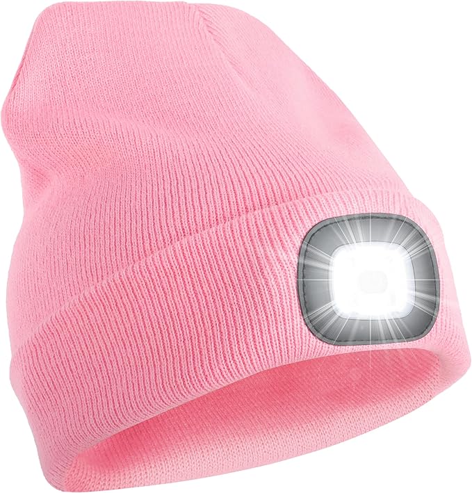 YMHB Unisex Beanie Hat with Light, USB Rechargeable LED Headlamp Hat Night Light Cap Christmas Stocking Stuffers Gifts for Men Dad Father Husband (Pink)