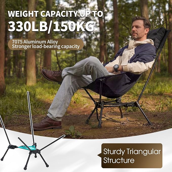 MOON LENCE High Back Folding Camping Chair, 330lbs Portable Compact Chair with Wide Seat & Ergonomic Back Support (Khaki)