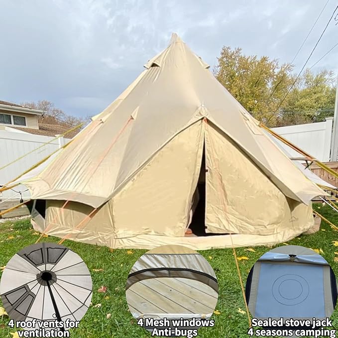 DANCHEL OUTDOOR B2 Portable Yurt with Stove Jack for Winter Camping, 4 Season Bell Tent Large Hot Tent 4/6 Person Family Camping Glamping Party 300D Oxford Khaki, 13ft/16.4ft