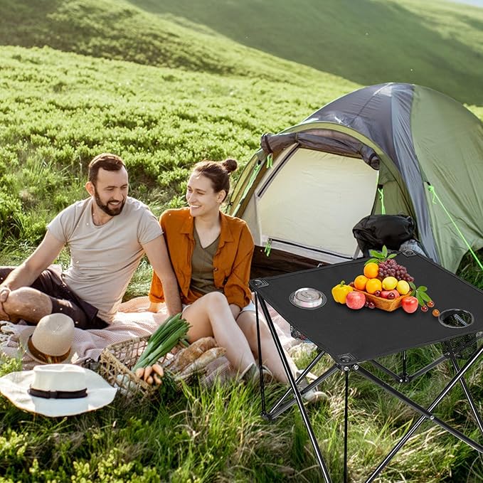 Folding Camping Table, 600D Oxford Portable Picnic Tables Lightweight Folding Table Beach Table with 2 Cup Holder for BBQ Outdoor Fishing Beach Picnic and Outdoor Activities