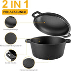 Velaze Cast Iron Dutch Oven Pot with Skillet Lid, 2-in-1 Pre-Seasoned Dual Handle Cast Iron Pan for Bread Baking, Frying, and Camping - Black 5QT