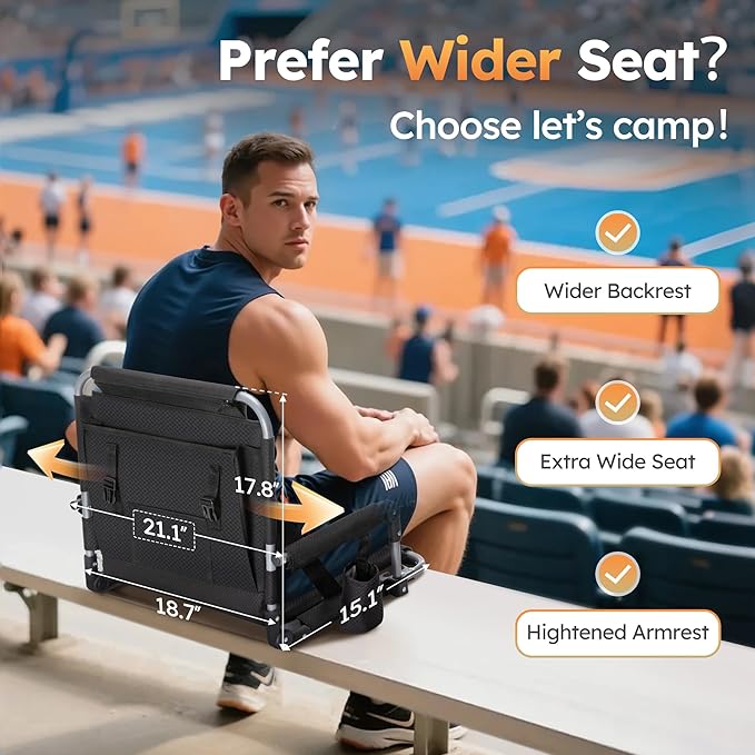 LET'S CAMP Folding Stadium Seat Bleacher Chair with Cup Holder, Mesh Bag and Hide Hooks, Portable Stadium Chair with Back and Cushion