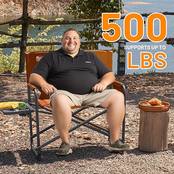 Timber Ridge XXL Extra Wide Foldable Directors Chair with Side Table, 500 lbs Heavy Duty Camping Chairs for Adults, Oversized Folding Lawn Chair for Lawn Beach Sports Outdoor, Blue