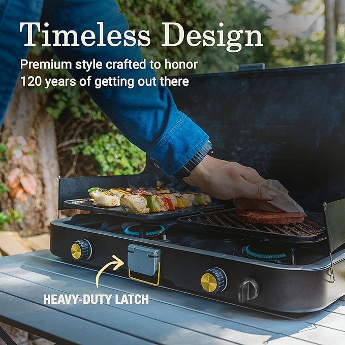 Coleman 1900 Collection 3-in-1 Propane Camping Stove, Cast Iron Grill & Griddle Accessories Included, 24,000 BTUs Across 2 Adjustable Burners with Wind Guards & Matchless Lighting