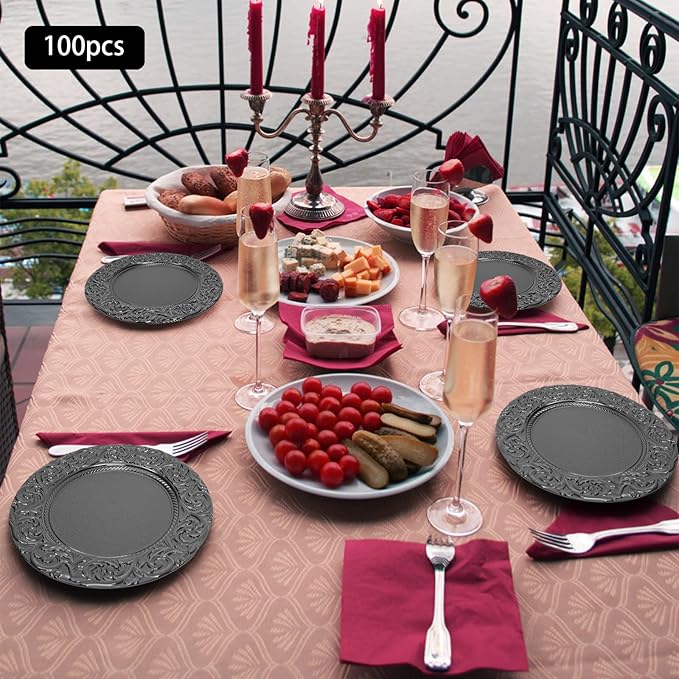CNCEST 100 PCS Antique Charger Plates Bulk 13'' Plastic Embossed Dinner Plate Chargers Round Floral Plates for Wedding Decorative Chargers for Table Dinner Kitchen Party Decoration (Black)