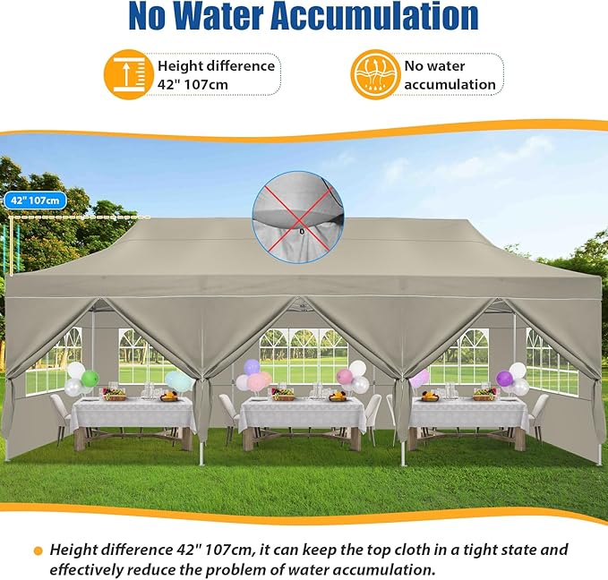 HOTEEL 10x30 Heavy Duty Pop up Canopy Tent for Parties with 8 Sidewalls, Easy Setup Outdoor Commercial Instant Gazebo for Wedding Event, with Portable Bag & Sand Bags, Khaki(Hexagonal Frame)