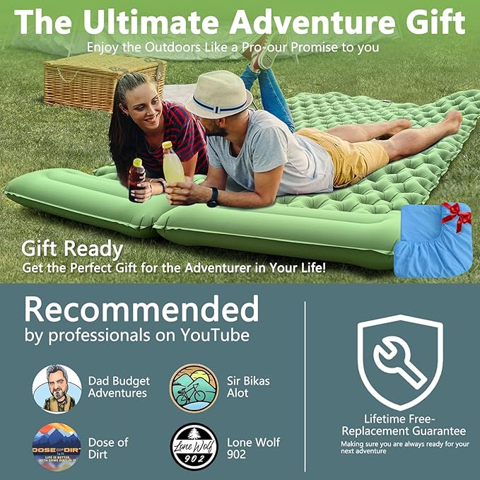 Double Sleeping Pad: Self Inflating Camping Pad Mattress for Backpacking & Outdoor Trips | 4" Thick for Ultimate Comfort | Lightweight & Compact | Sleeping Mats for Beachs, Hiking & Car Travel