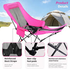 Hot Pink Reclining Camping Chair with Footrest, Portable Folding Lounge Chair, 4-Position Adjustable Folding Camping Chair With Headrest & Storage Bag for Outdoor Lawn, Hiking, Picnic, Fishing