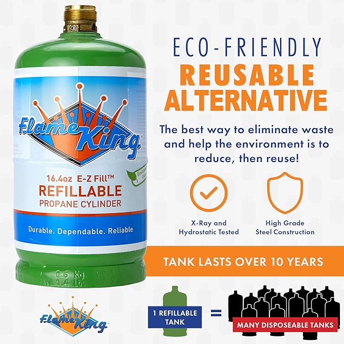 Flame King 1LB EMPTY Propane Cylinder Tank – Refillable – Reusable – Safe and Legal Refill Option – DOT Compliant – 16.4 oz for Camping, Backpacking, and Hiking (4-Pack), Green (YSN164-4)