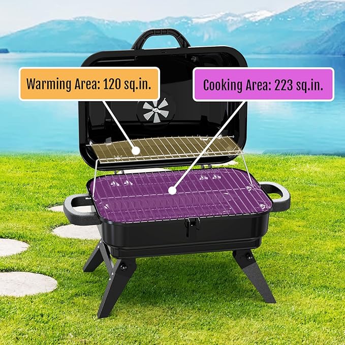 Portable Charcoal Grill with Warming Rack, Small Tabletop Barbecue Grill, Foldable Legs, Adjustable Vent, Total 343 Sq. In.Cooking Space, Outdoor BBQ Grill for Camping and Picnics (Black)