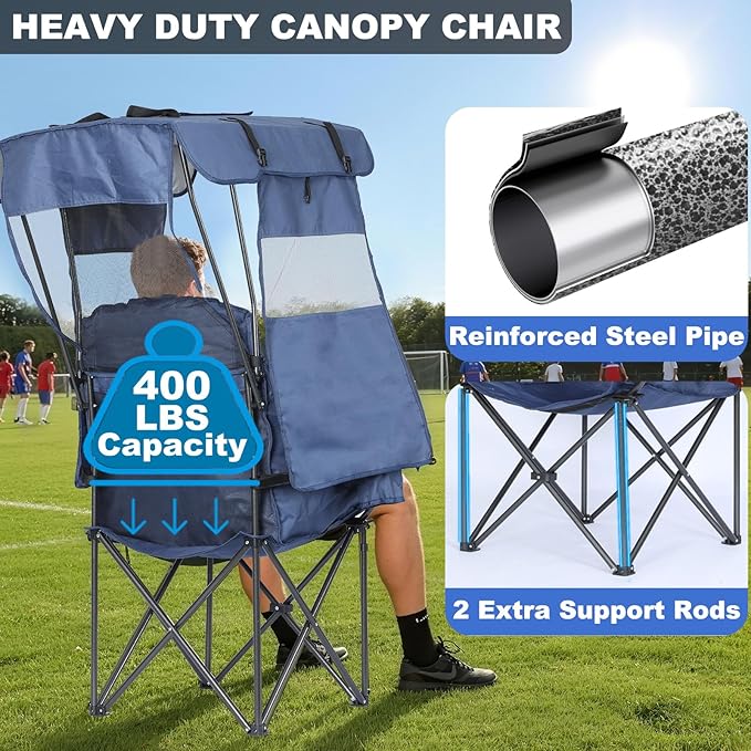 Camping Chair with Canopy Beach Chair with Canopy Shade Oversized Folding Canopy Chair for Camping, Beach, Picnics, Fishing, Sports - High Back, Padded Headrest, Cup Holder, Pocket - Support 400 LBS