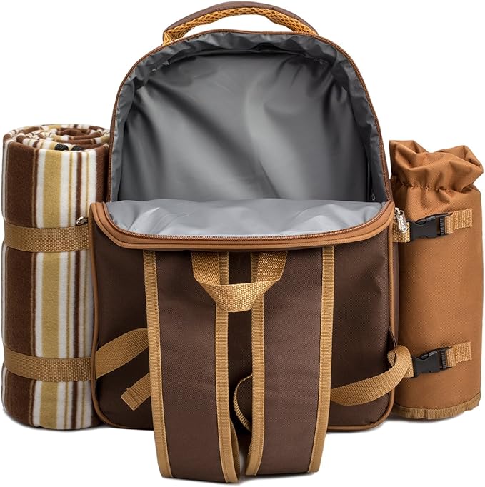 Apollo Walker Picnic Backpack Bag for 4 Person with Cooler Compartment,Wine Bag, Picnic Blanket(45"x53"),Best for Family and Lovers Gifts (Brown)