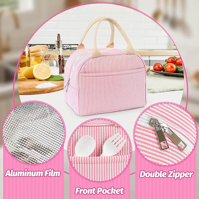 Lunch Bag For Women, Cooler Insulated Lunch Box For Travel Work Picnic College School Adult Large Capacity Lunch Bags, Pink Stripe