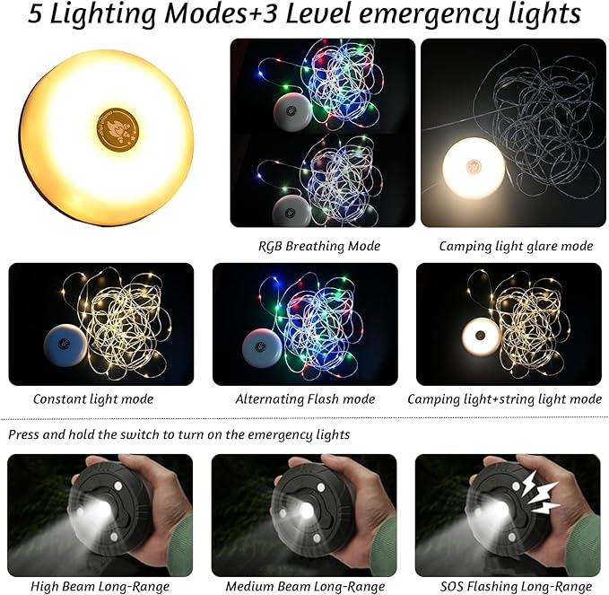 Camping String Lights, 32.8ft Portable Outdoor String Lights with 8 Lighting Modes, Qucick Storage, 2 in 1 Waterproof Camping Lanterns for Camping, Christmas, Outdoor