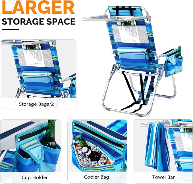 VINGLI Tall Beach Chair 2 Pack Lightweight, Backpack Beach Chair for Adults with 5-Position, Cooler Bag, Cup Holders, Towel Bar, Lightweight Folding Beach Camping Chairs