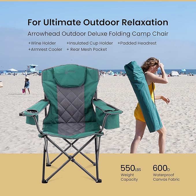 ARROWHEAD OUTDOOR Portable Deluxe Folding Camp Quad Chair w/Headrest, Glass & Cup Holders, Armest 6-can Cooler, Heavy Duty Carry Bag, 550 lbs Weight Capacity