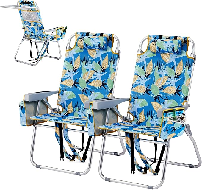 VINGLI Tall Beach Chair 2 Pack Lightweight, Backpack Beach Chair for Adults with 5-Position, Cooler Bag, Cup Holders, Towel Bar, Lightweight Folding Beach Camping Chairs