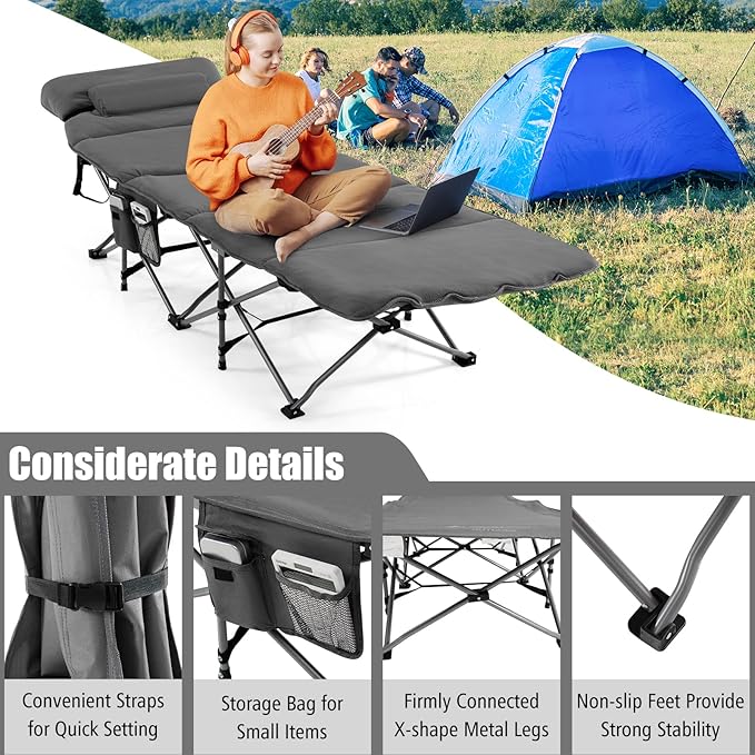 Goplus Camping Cot, Folding Camping Cot with Mattress, Pillow, Carry Bag, Storage Pocket, Camping Bed Military Cot for Home Office Nap Hiking, Heavy-Duty Portable Sleeping Cot for Adults Kids (Grey)