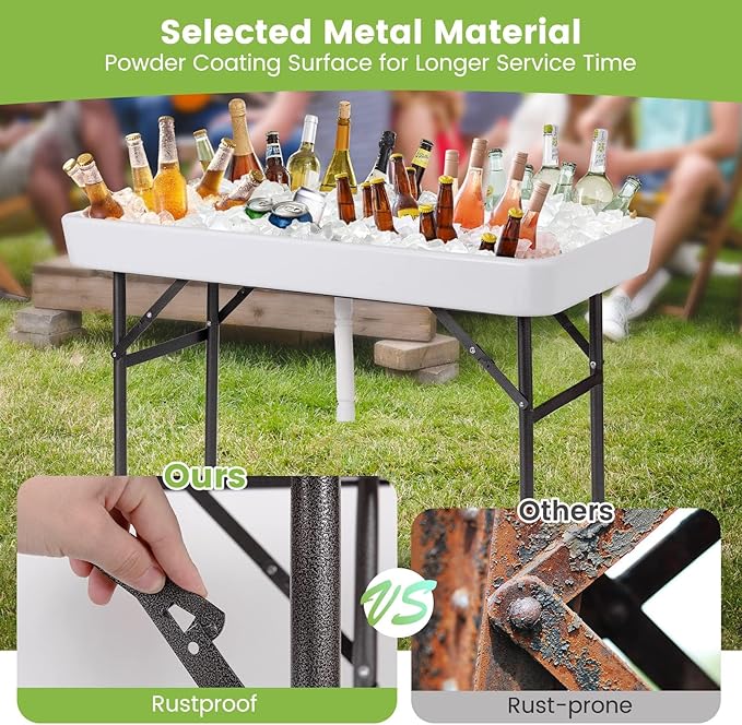 Giantex Folding Ice Table with Drain, 4 ft Portable Cooler with Removable Skirt, No Assembly, Fill and Chill Table for Food Drink Beverage, Foldable Party Ice Bin for Camping BBQ Outdoor, White
