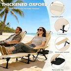 Folding Outdoor Chaise Lounge Chair, Portable Camping Cot with Headrest, 4 Position Beach Lounge with Cup Holders & Wooden Armrests, Sun Tanning Chair for Patio Pool Lawn, Supports 350lbs (Beige)