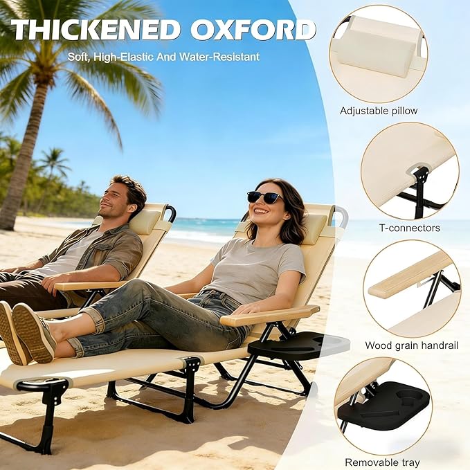 Folding Outdoor Chaise Lounge Chair, Portable Camping Cot with Headrest, 4 Position Beach Lounge with Cup Holders & Wooden Armrests, Sun Tanning Chair for Patio Pool Lawn, Supports 350lbs (Beige)