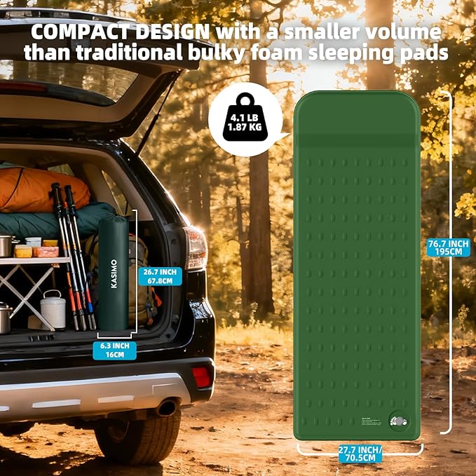 KASIMO Memory Sleeping Pad for Camping, 3" Compact Ultra-Thick Foam Sleeping Mats with Pillow, 9.5 R-Value Insulated Camping Mattress Pad or Car Travel Backpacking Tent,Home