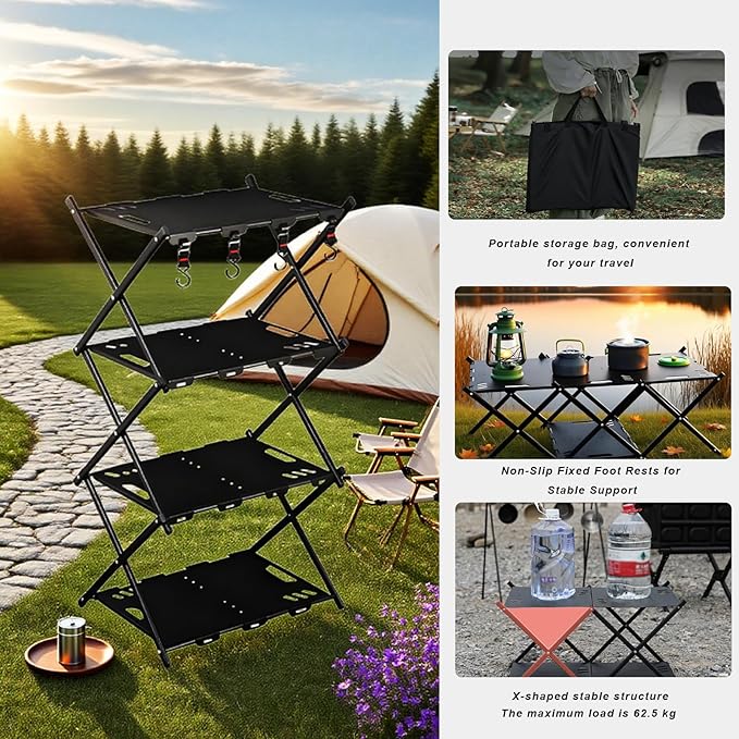 Portable Camping Table & Shelf, 2-in-1Folding Carbon Steel Picnic Rack 37" 4-Tier Storage Cook Station with 4 Hooks,Perfect for Party, Dining, Camping, BBQ, Indoor, Outdoor