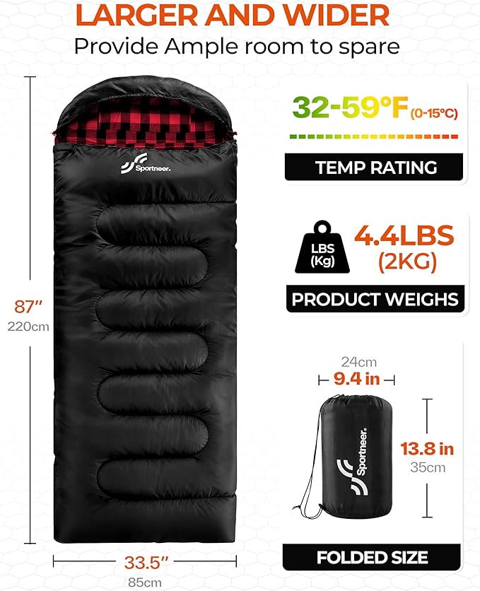 Sportneer Sleeping Bags for Adults, 0 Degree Sleeping Bag XL Flannel Winter Cold Weather Sleeping Bag with Detachable Hood Compression Sack for Camping, Backpacking, Hiking
