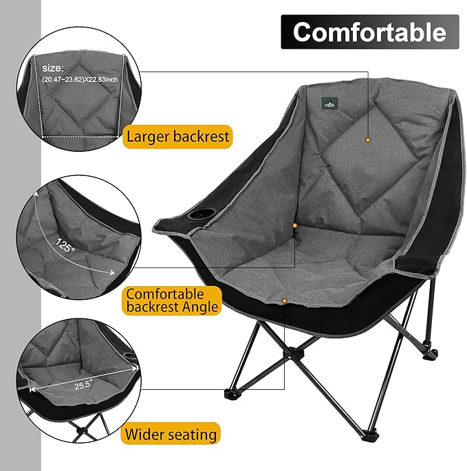 Northroad Oversized Foldable Camping Chair, Outdoor Padded Lawn Chair w/Cup Holder,Carry Bag for Beach, Hiking, and Picnics,Black