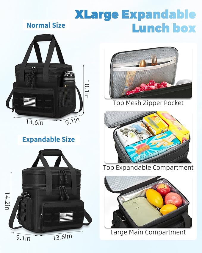 Tactical Lunch Bag & Lunch Box for Men - Large Double Deck Expandable Insulated Soft Adult Lunchbox for Work - Cooler Bag for Beach, Picnic, Camping,Outdoor，Travel (Black,23L)
