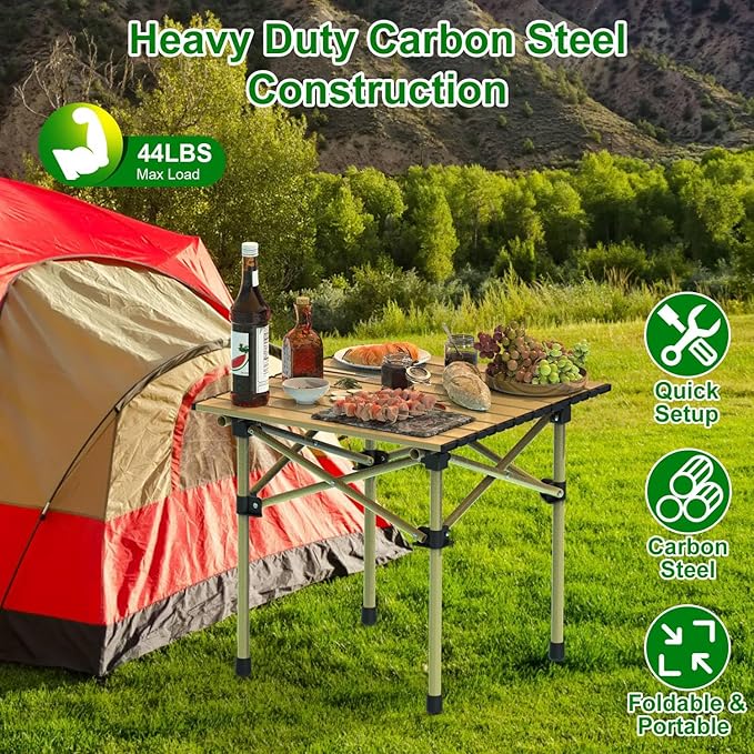 Folding Camping Table, Portable Lightweight Carbon Steel Roll-up Picnic Table BBQ Desk with Carry Bag Heavy Duty for Outdoor Beach Camping Picnic Backyard Party Patio BBQ Fishing