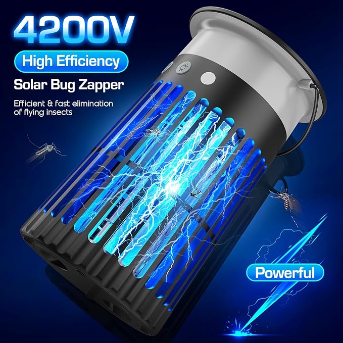 Solar Bug Zapper Outdoor, Waterproof Mosquito Zapper with RGB & Flame Light, 4200V Electric Bug Zapper Indoor, 4000mAh Rechargeable Mosquito Killer Fly Zapper Trap for Patio Backyard Kitchen Camping