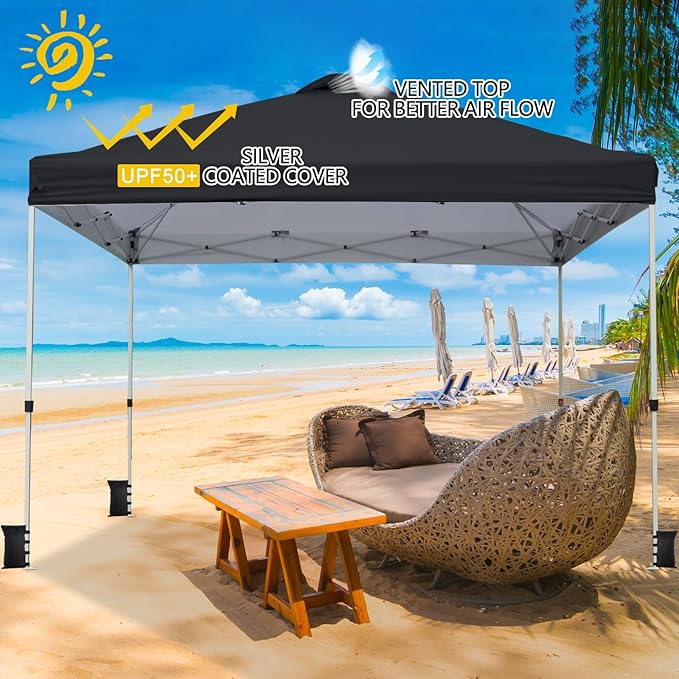 VINGLI 10x10 Pop Up Canopy Tent with Carry Bag and Sandbags, Outdoor Gazebo Canopy 10x10 Party Tent Commercial for Party, Event (Black)