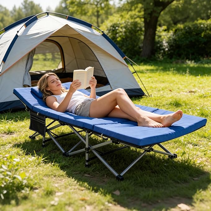 LILYPELLE Folding Camping Cot, Extra Wide Heavy Duty Sleeping Cots with Carry Bag, Double Layer Oxford Portable Travel Camp Cots for Home, Office Nap and Outdoor Beach