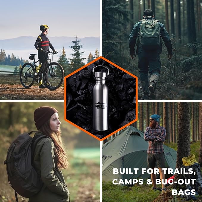 Tactiko Survival 25 oz/750 ml Stainless Steel Wide Mouth Water Bottle, Single Wall Boil-Safe, Leakproof, BPA-Free with Carry Sleeve and Strap for Camping, Hiking, Outdoor Prep (Black)
