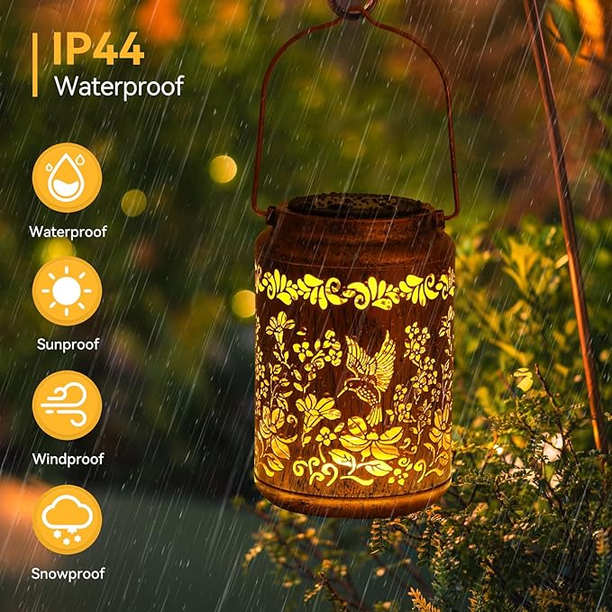 Solar Lanterns Outdoor Waterproof Solar Garden Lights Hummingbird Gifts for Women Mom Grandma 50LM LED Metal Hanging Lanterns with Handle Garden Decor Light for Table Pathway Walkway, 2 Pack